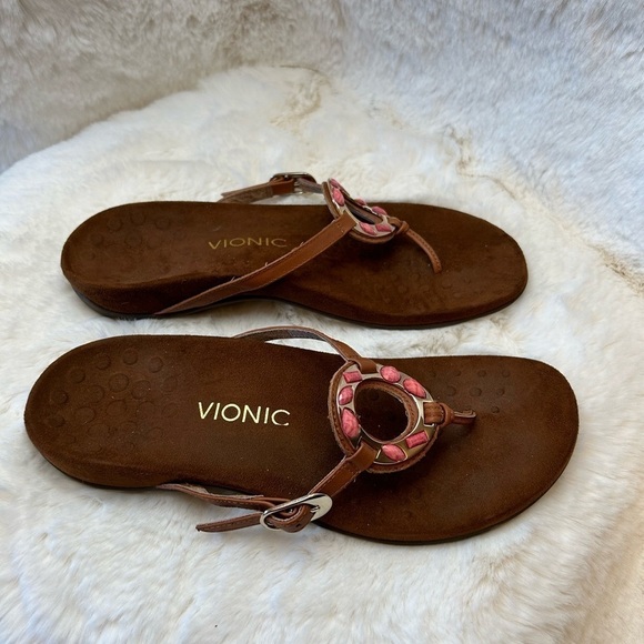 Vionic leather Ricco medallion coral & gold beaded flip flop sandals Sz-9. I - Picture 8 of 10